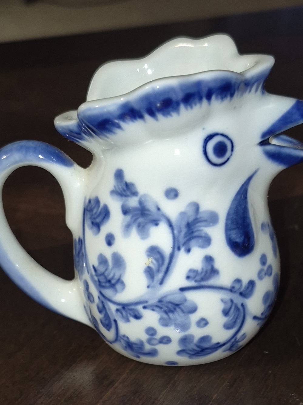 Minature Rooster/Chicken Creamer/Pitcher Andrea by Sadek Blue White Farmhouse